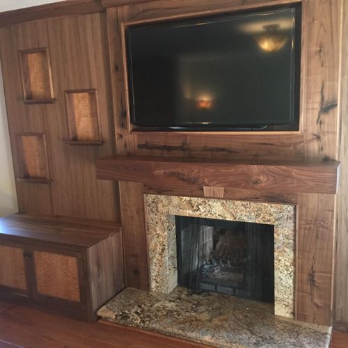 Walnut and quilted maple fireplace and media cabin