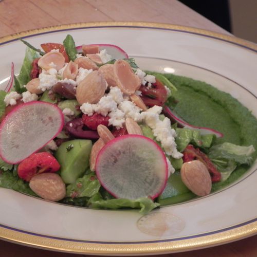 Greek Salad with Basil Spinach Puree, Marcona Almo