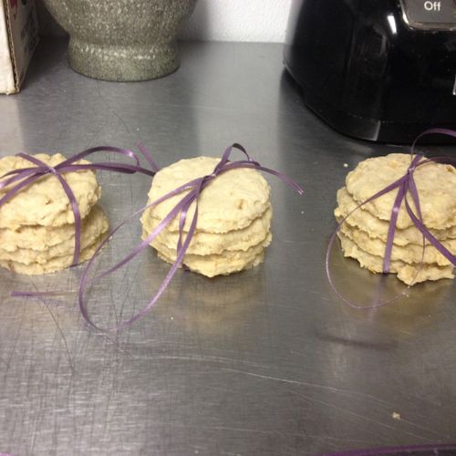 English oat cakes tied with purple ribbon