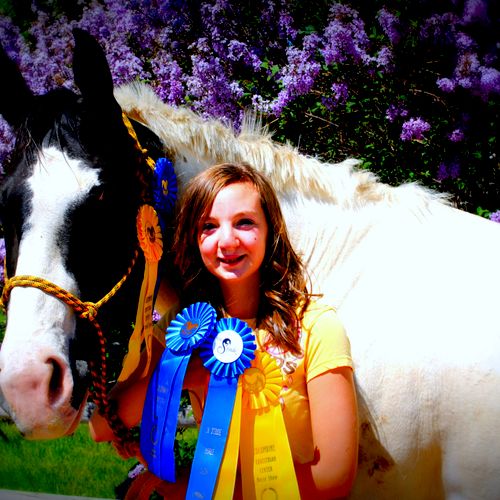 Jenna after her first show with lesson horse ZsaZs