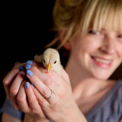 Portrait of a woman who loves her new chick.