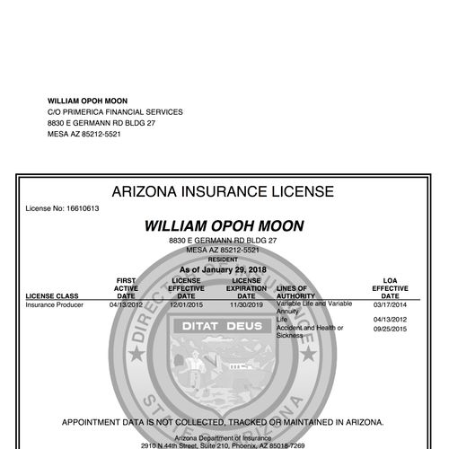 Arizona Department of Insurance License