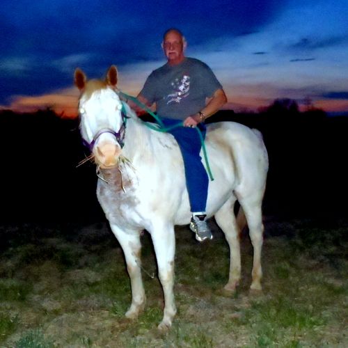 Buzz, enjoying one of our beautiful sunsets, ridin