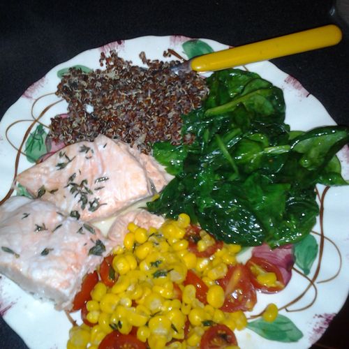 Baked Lemon Thyme Salmon, sauteed spinach, fresh l