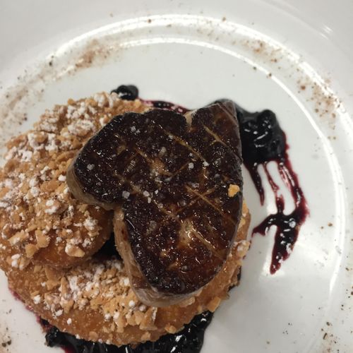 almond crusted donut with black currant compote an