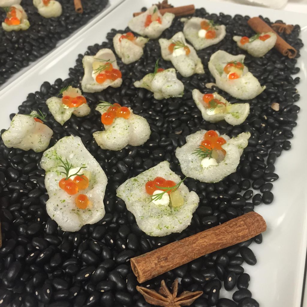 Trout Roe on Prawn Cracker with Dill Créme Fraîche
