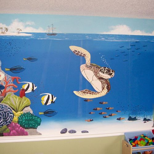 Ocean mural for child's playroom, wraps around roo