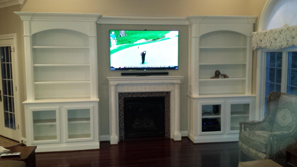 Fireplace moved 3 feet, Custom built-ins, Mantle, 