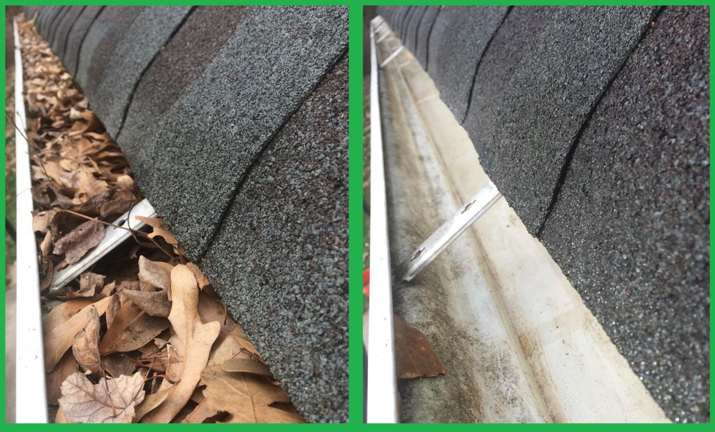 Before and After cleaning.  We clean your gutters 