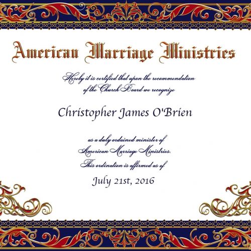 My certification from American Marriage Ministries