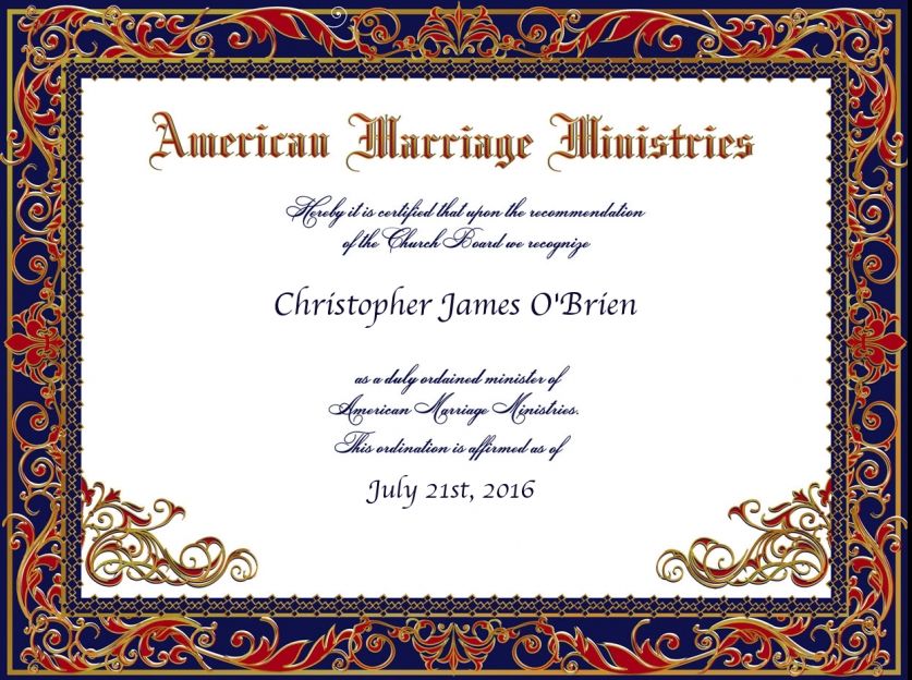 My certification from American Marriage Ministries