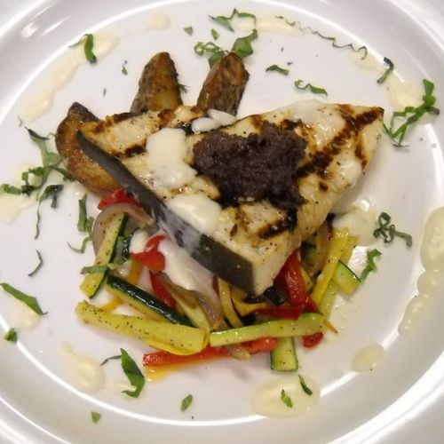 Grilled Swordfish With Olive Tapenade & Basil Crea