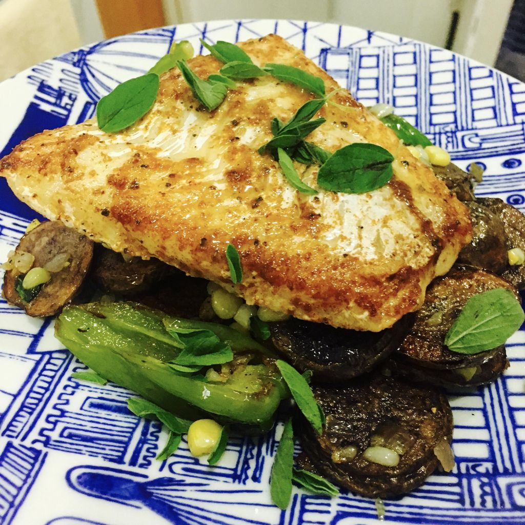 Seared Cod with Corn, Shishito Peppers & Purple Po