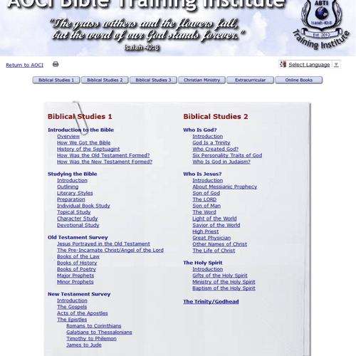 Unique table of contents for online Bible Training