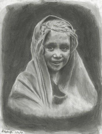 "Pogrom victim": Charcoal on paper from photo