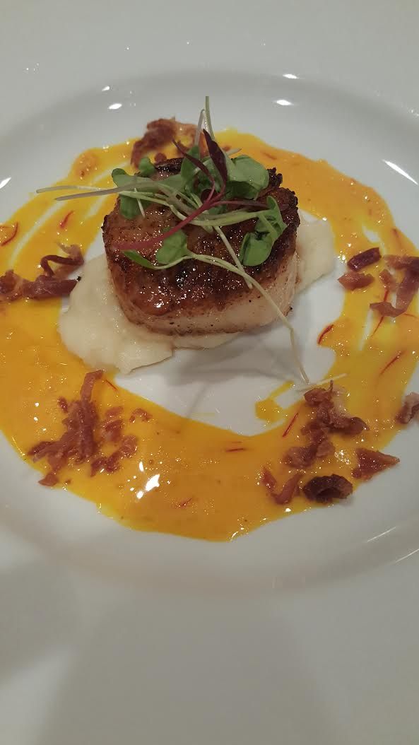 Seared Scallop saffron cream potato serrano ham mi