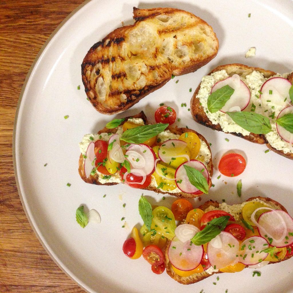 Grilled crostini, herbed ricotta, summer vegetable