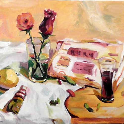 My reproduced oil painting of flowers and brunch