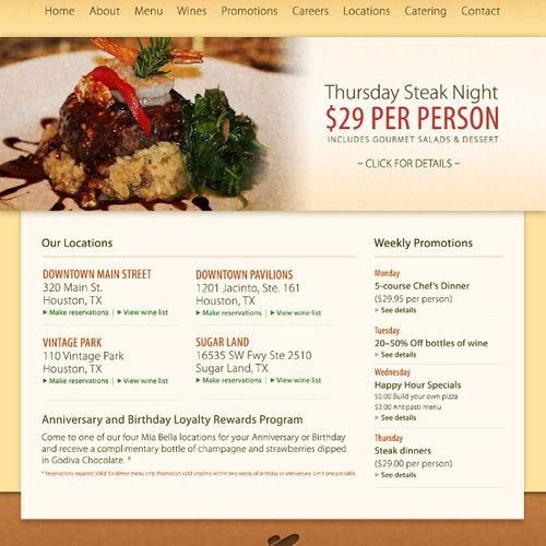 Website layout for Mia Bella Trattoria restaurant