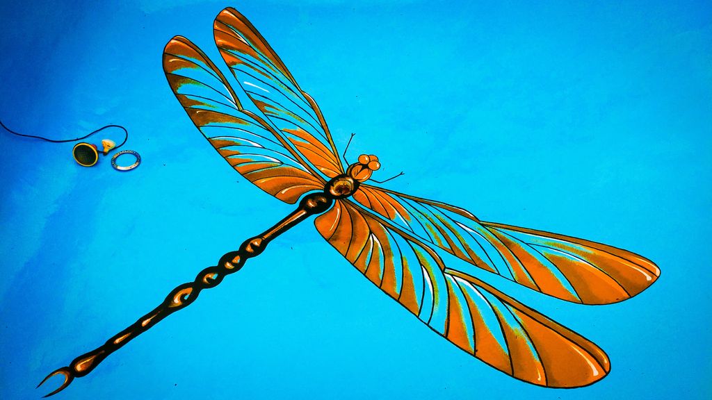 Dragon fly,  free hand drawing done on pool floor 