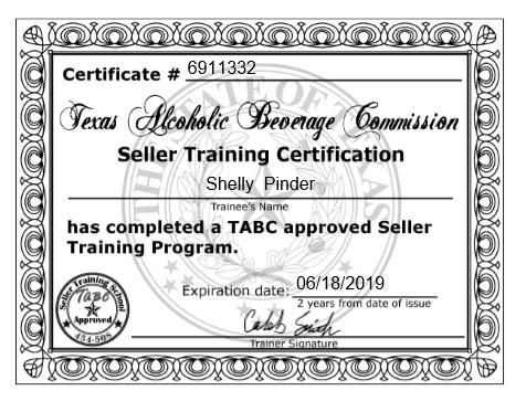 Current TABC Certification