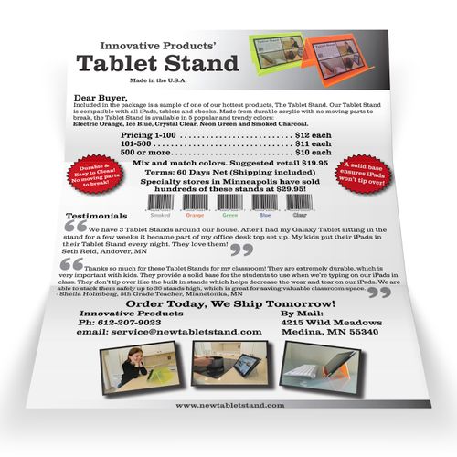 Sell sheet for a tablet stand product.