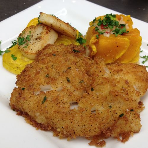 Panko Encrusted white fish w/ Scallops and Roasted