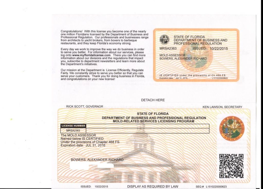 State of Florida Certified Mold Assessors License
