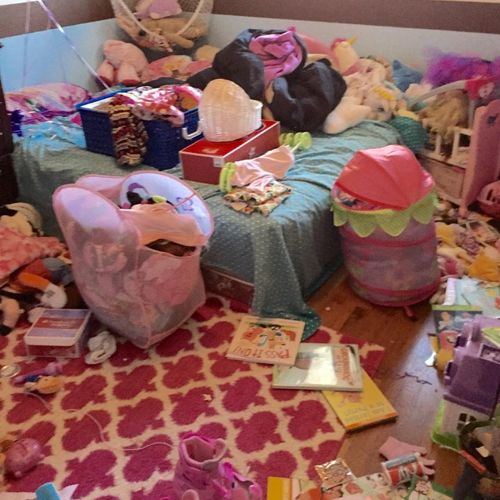 Before (Room B): clothes, toys, and stuffed animal