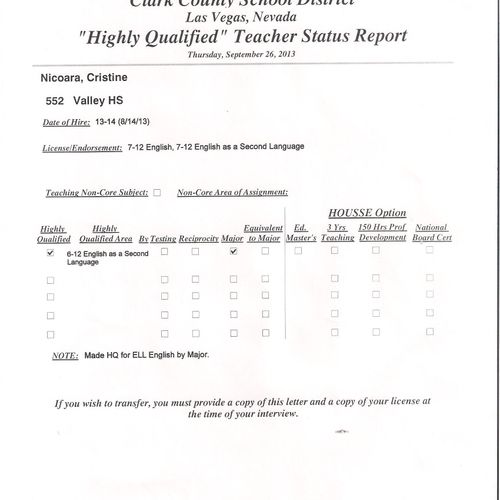"Highly Qualified" Teacher in ESL Certificate