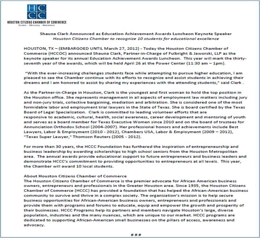 Press release for Greater Houston Chamber of Comme