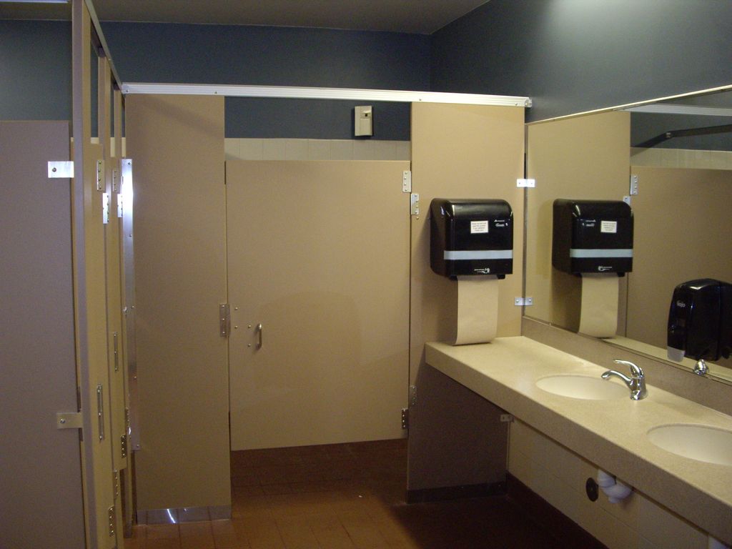 Commercial Bathroom Remodel:  New flooring, partit