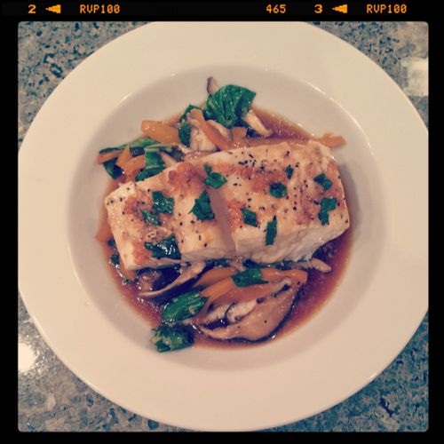 Asian poached halibut with bok choy, orange bell p