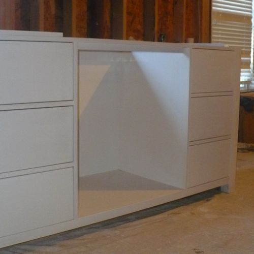 Finished look of bathroom vanity #1. Primed and 2 