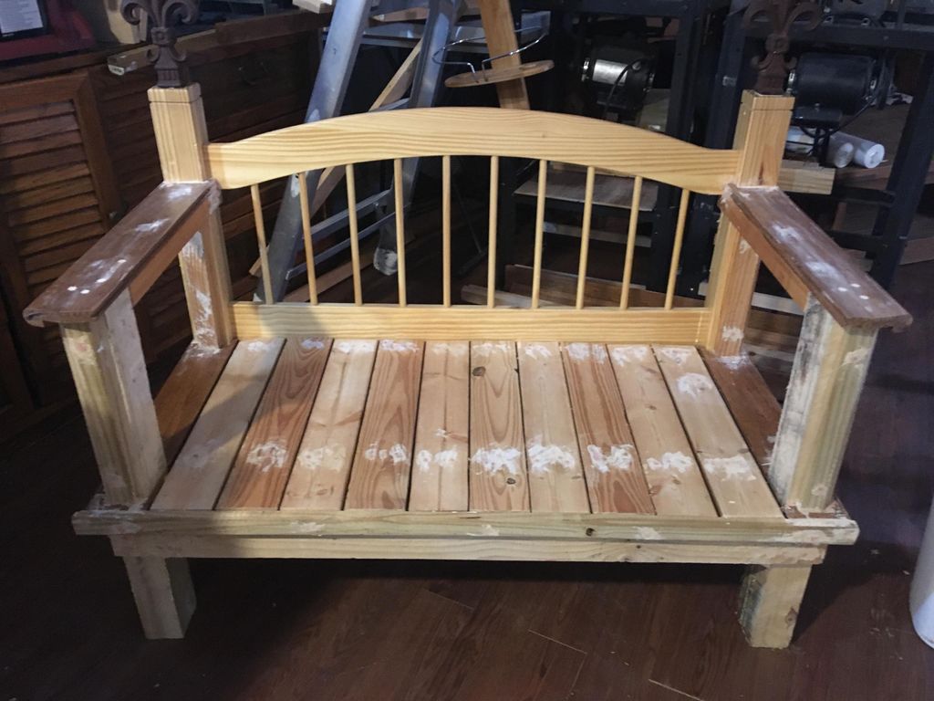 Bench in progress made from recycled bunk bed pall
