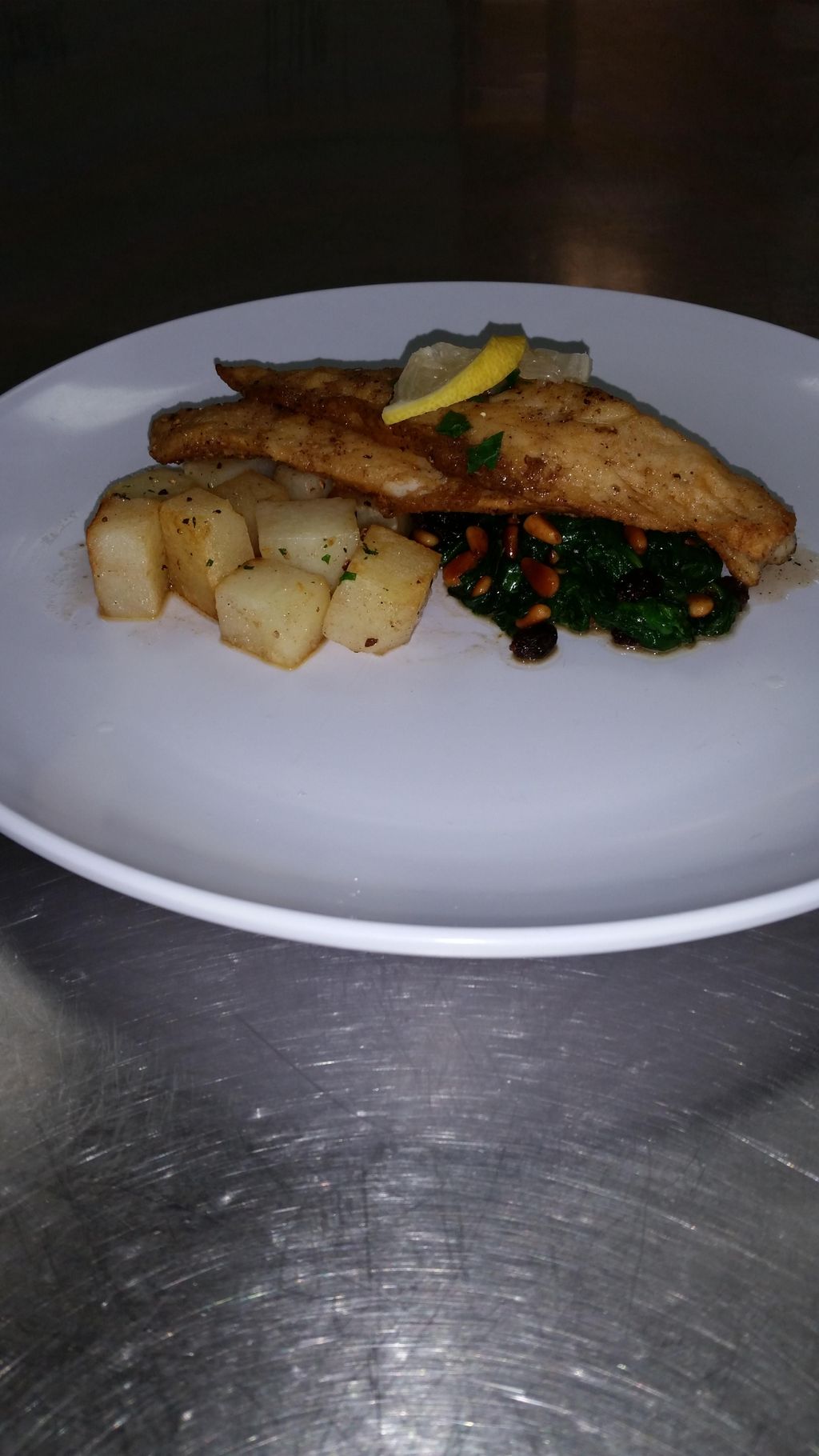 Branzino a la meuniere, spinaci alla romana and ro