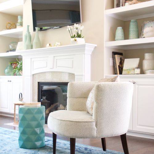 Turquoise, White and Gold Family Room