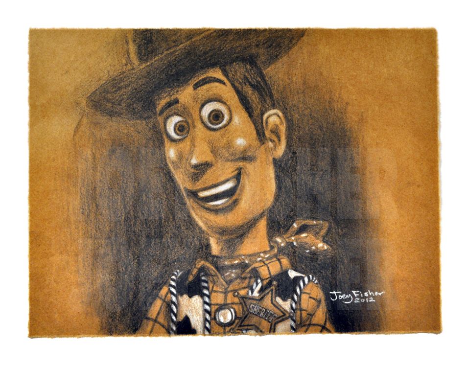 Woody from Toy Story created in charcoal on brown 