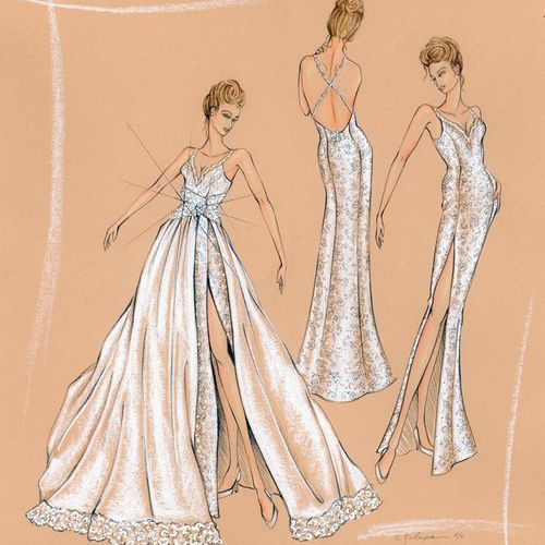 custom wedding dress design illustrated in soft pa