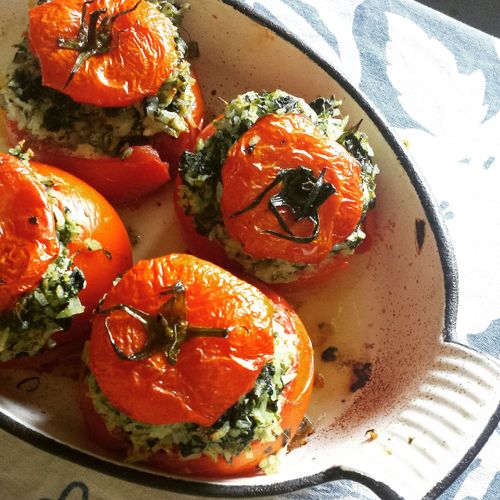 Stuffed tomatoes with spinach and rice. Great side