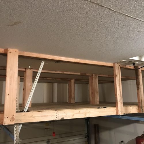 This is a shelving system above a garage door. The