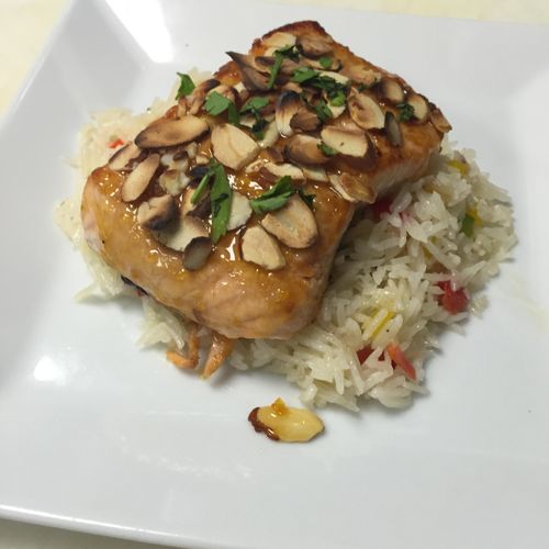 Apricot candied salmon/ toasted almonds/ bell pepp