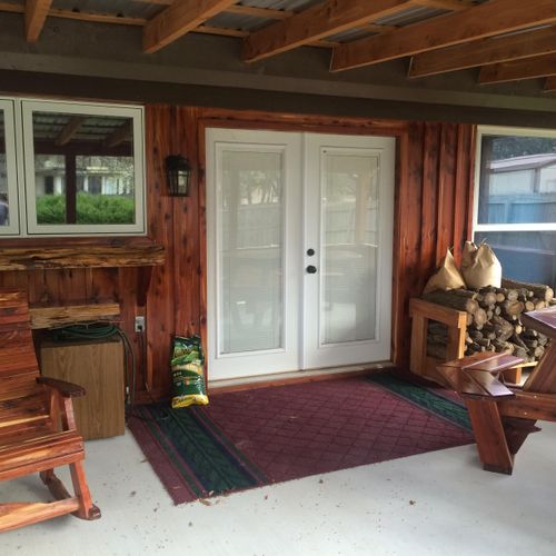 Custom cedar back porch, new doors and windows
