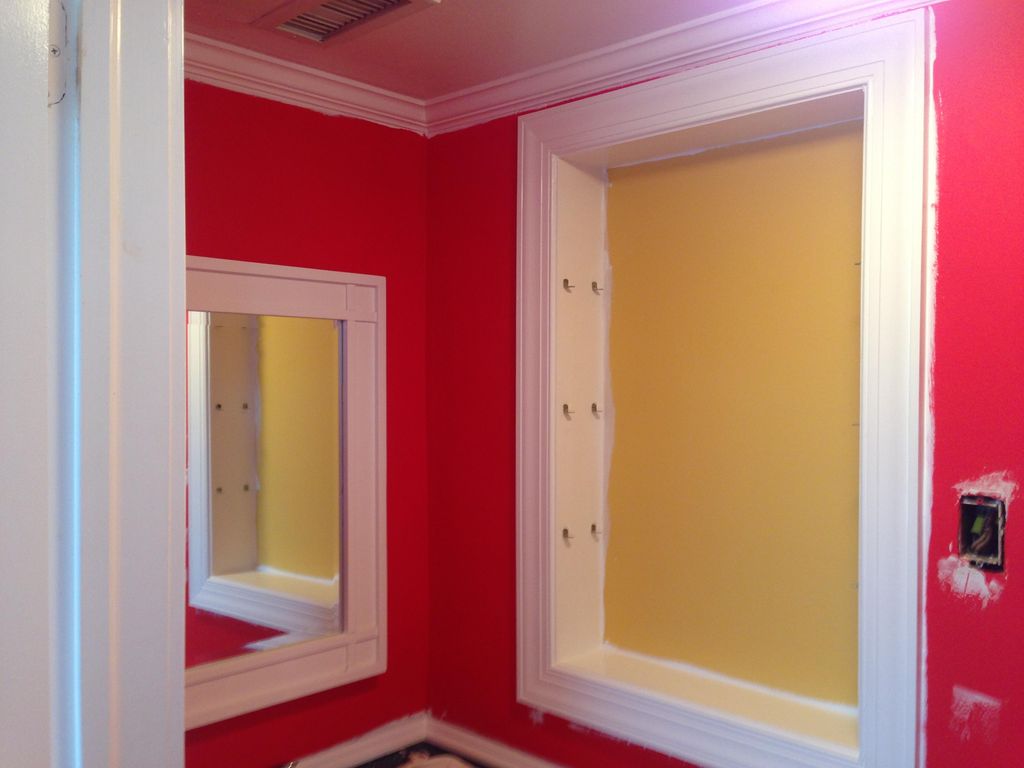 Before. red bathroom