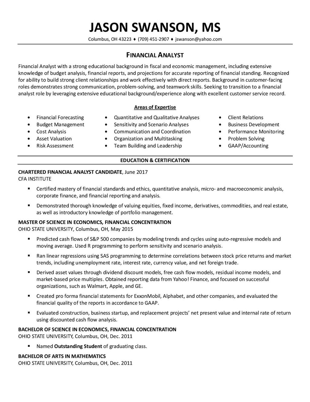Pg. 1 Sample financial resume