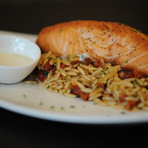 Grilled Salmon, Sundried Tomato Orzo, Beurre Blanc