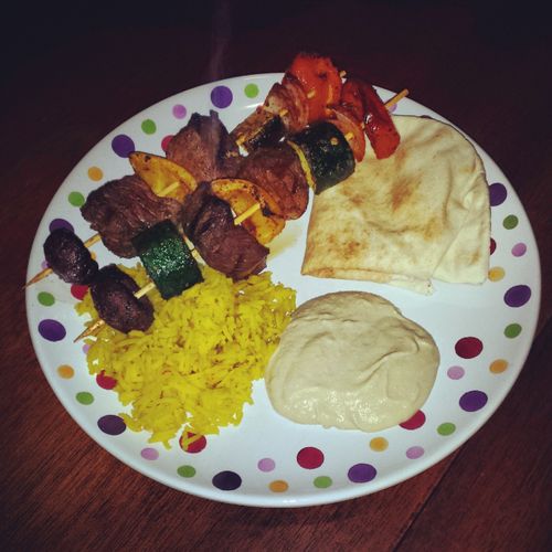 Beef kebabs with saffron rice with hummus