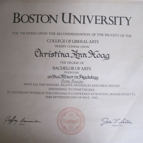 Boston University, B.A. cum laude, English, specia