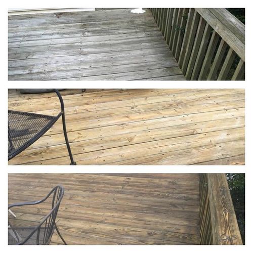 Before and after pressure washing and staining