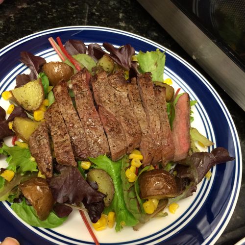 Steak salad with roasted corn and roasted potatoes